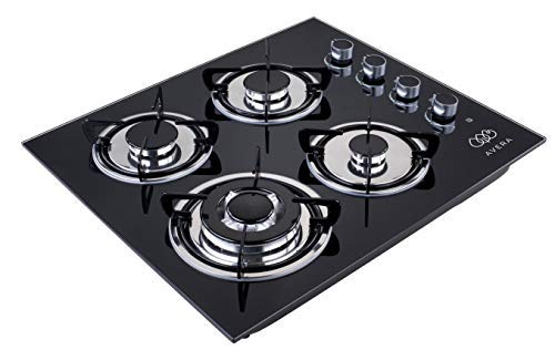AVERA VT4 Parrilla a gas de Empotrar con 4 Quemadores en Vidrio Templado, color Negro. Estufa para cocina.