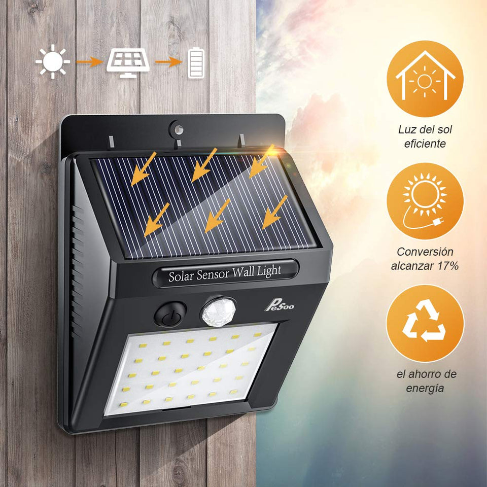 Luces Solares - Pesoo 30 LED Lámpara Solar Exterior Solar Luz LED Iluminación Exterior para Jardín, Patio, Terraza, Inicio, Camino, Escalera Exterior Paquete de 2 [Clase de eficiencia energética A+++]