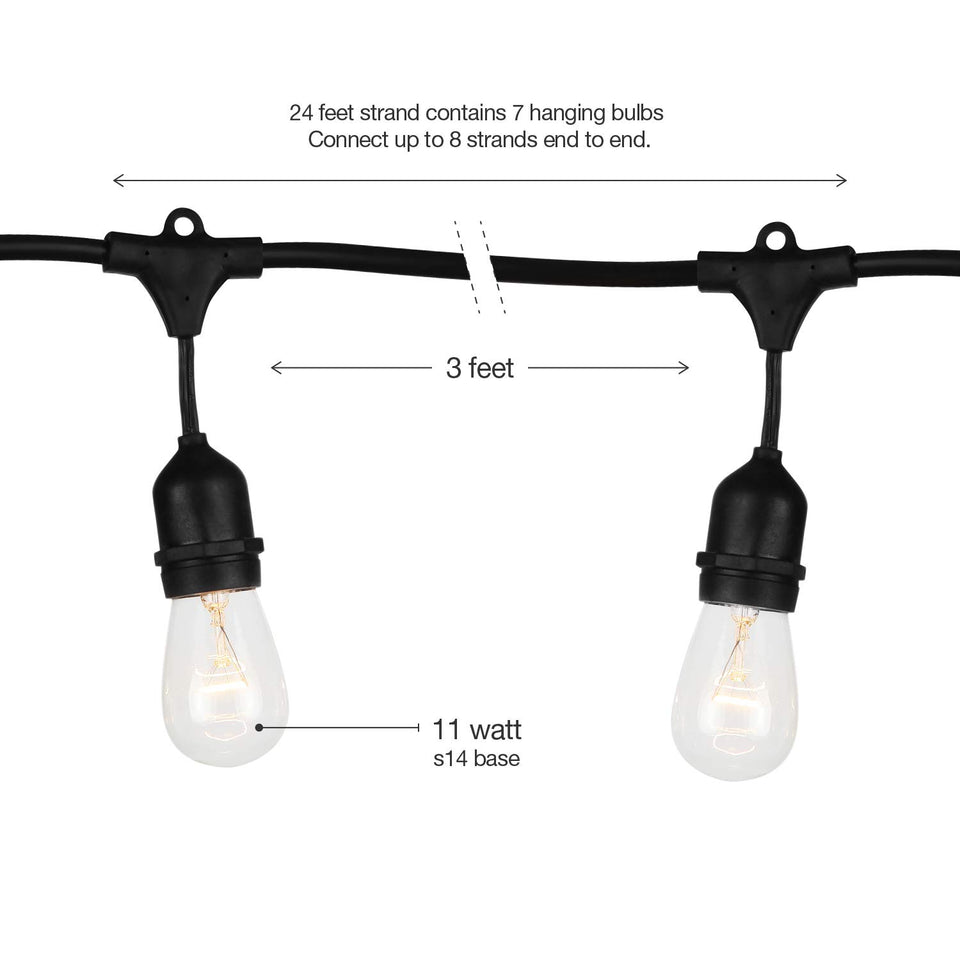 Brightech Ambience Pro - Luces para exteriores de grado comercial con enchufes colgantes - Market Cafe Edison clásico Bistro resistente a la intemperie para patio, jardín, pórtico, patio trasero, fiesta, patio, Negro, 24 Ft Strand