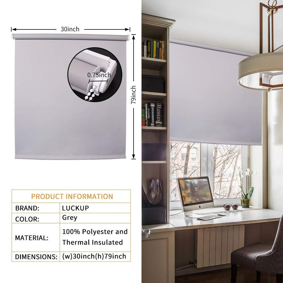LUCKUP - Persianas enrollables de Tela 100% Opacas, protección UV, Impermeables, Gris, 30" x 79"