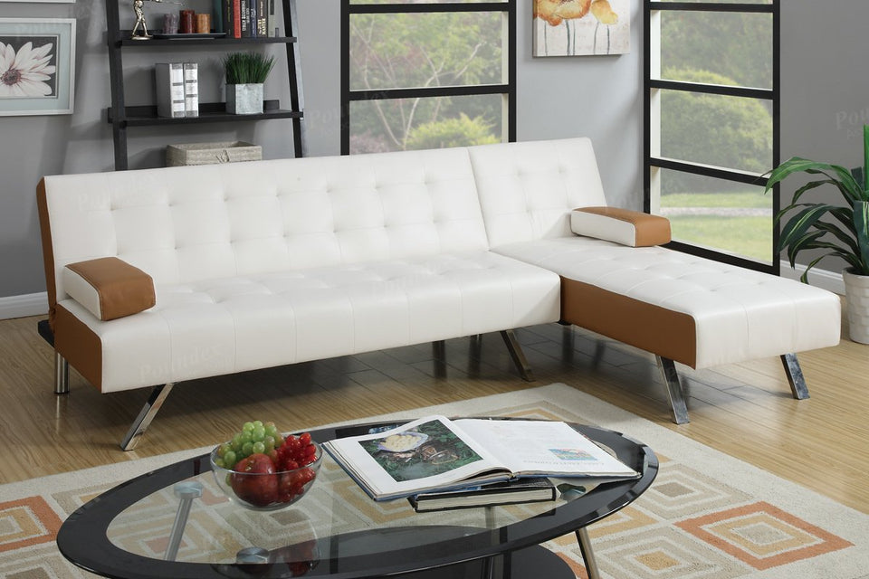 Poundex F7887 Seccional Ajustable Tapizado en Vinil, color Blanco/Café Claro