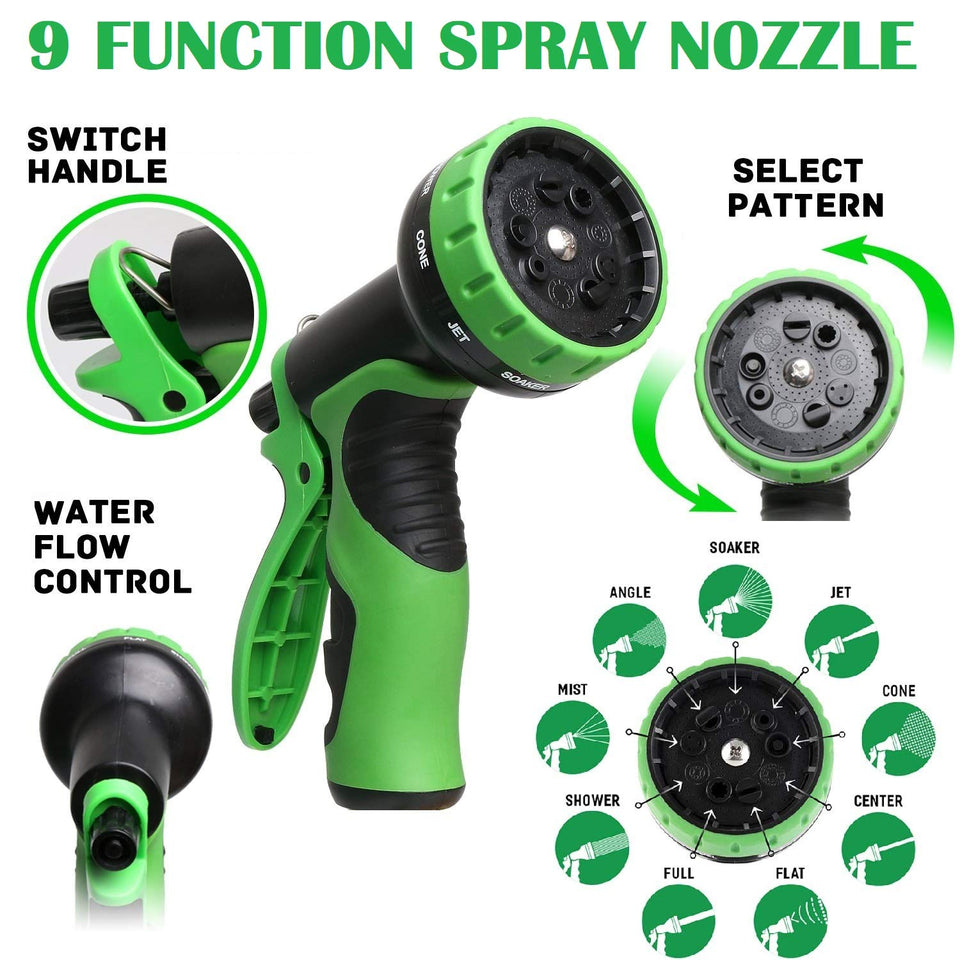 Manguera Expandible - Manguera de jardín retractil extensible de hasta 15 y 30 metros + Pistola para Agua 9 Patrones + Empaques - Conectores de metal de 3/4 ", estiramiento extra fuerte y material flexible - Manguera para agua