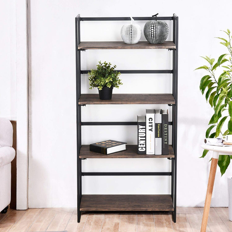 FurnitureR Sin Ensamblaje Estantes Plegables con 4 Repisas Estilo Industrial y Vendimia Elegante Librero Estantes de Almacenamiento para Cocina, Oficina, Sala