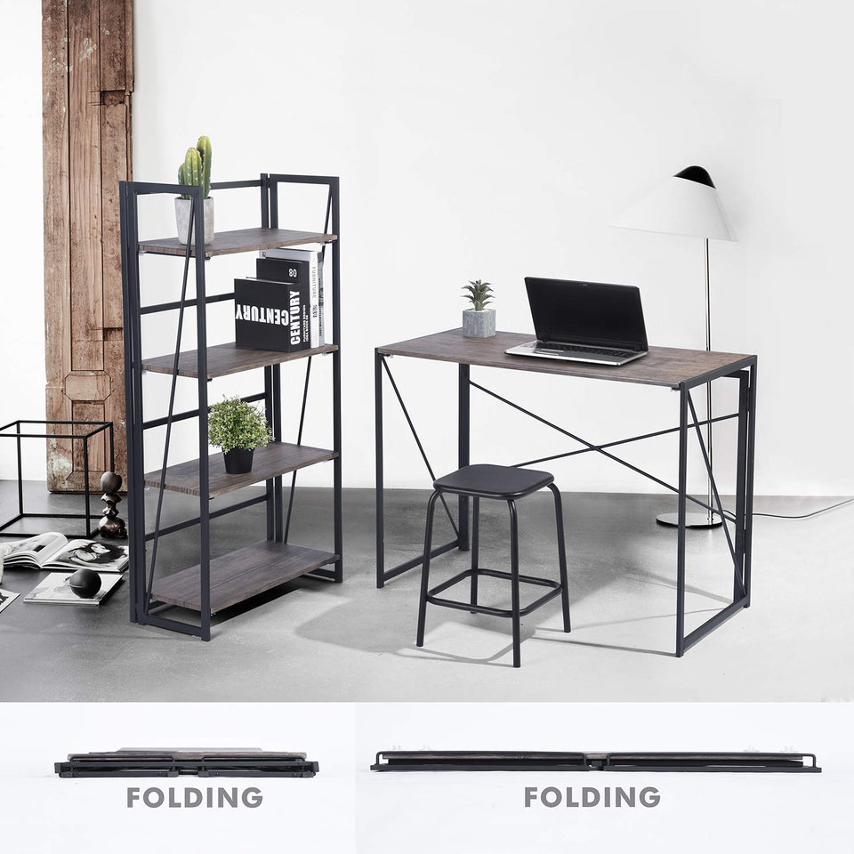 FurnitureR Sin Ensamblaje Estantes Plegables con 4 Repisas Estilo Industrial y Vendimia Elegante Librero Estantes de Almacenamiento para Cocina, Oficina, Sala