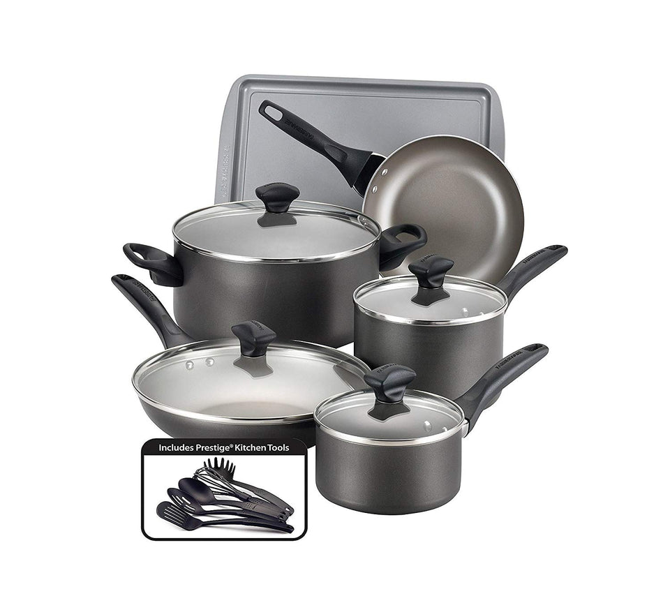 Farberware Juego de 15 utensilios de cocina, apto para lavaplatos, Antiadherente, Pewter, 1