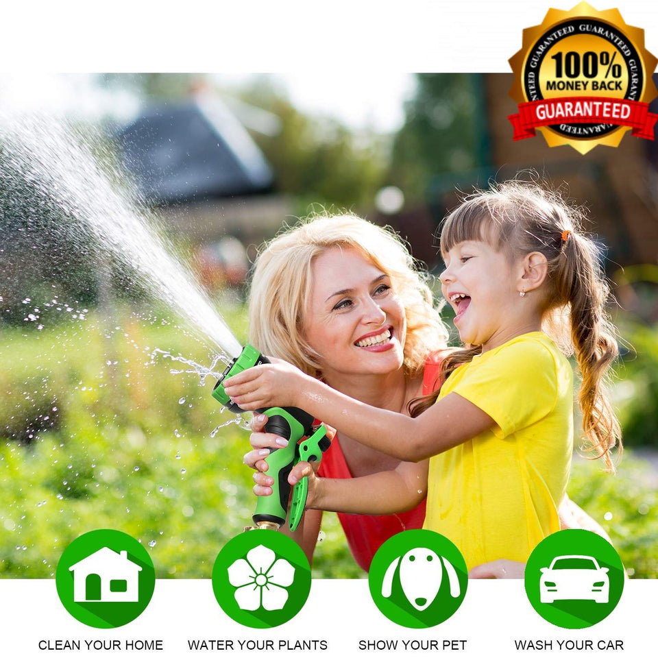 Manguera Expandible - Manguera de jardín retractil extensible de hasta 15 y 30 metros + Pistola para Agua 9 Patrones + Empaques - Conectores de metal de 3/4 ", estiramiento extra fuerte y material flexible - Manguera para agua