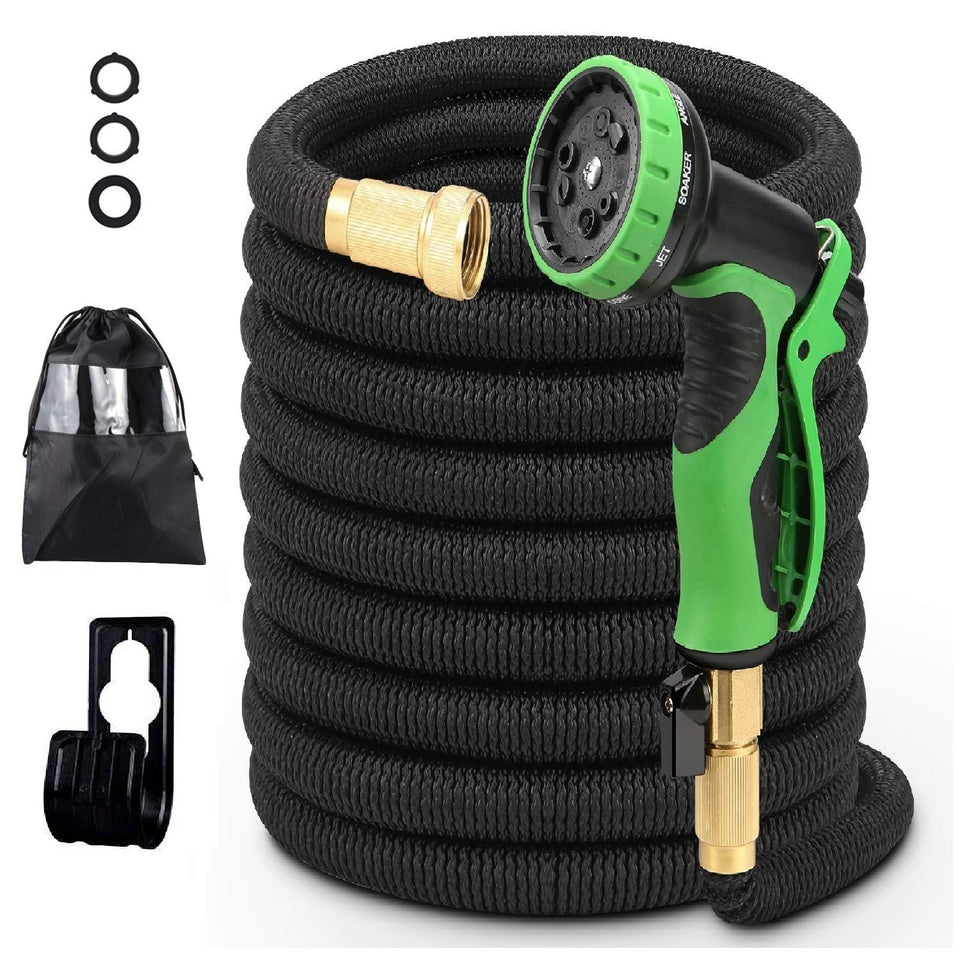 Manguera Expandible - Manguera de jardín retractil extensible de hasta 15 y 30 metros + Pistola para Agua 9 Patrones + Empaques - Conectores de metal de 3/4 ", estiramiento extra fuerte y material flexible - Manguera para agua