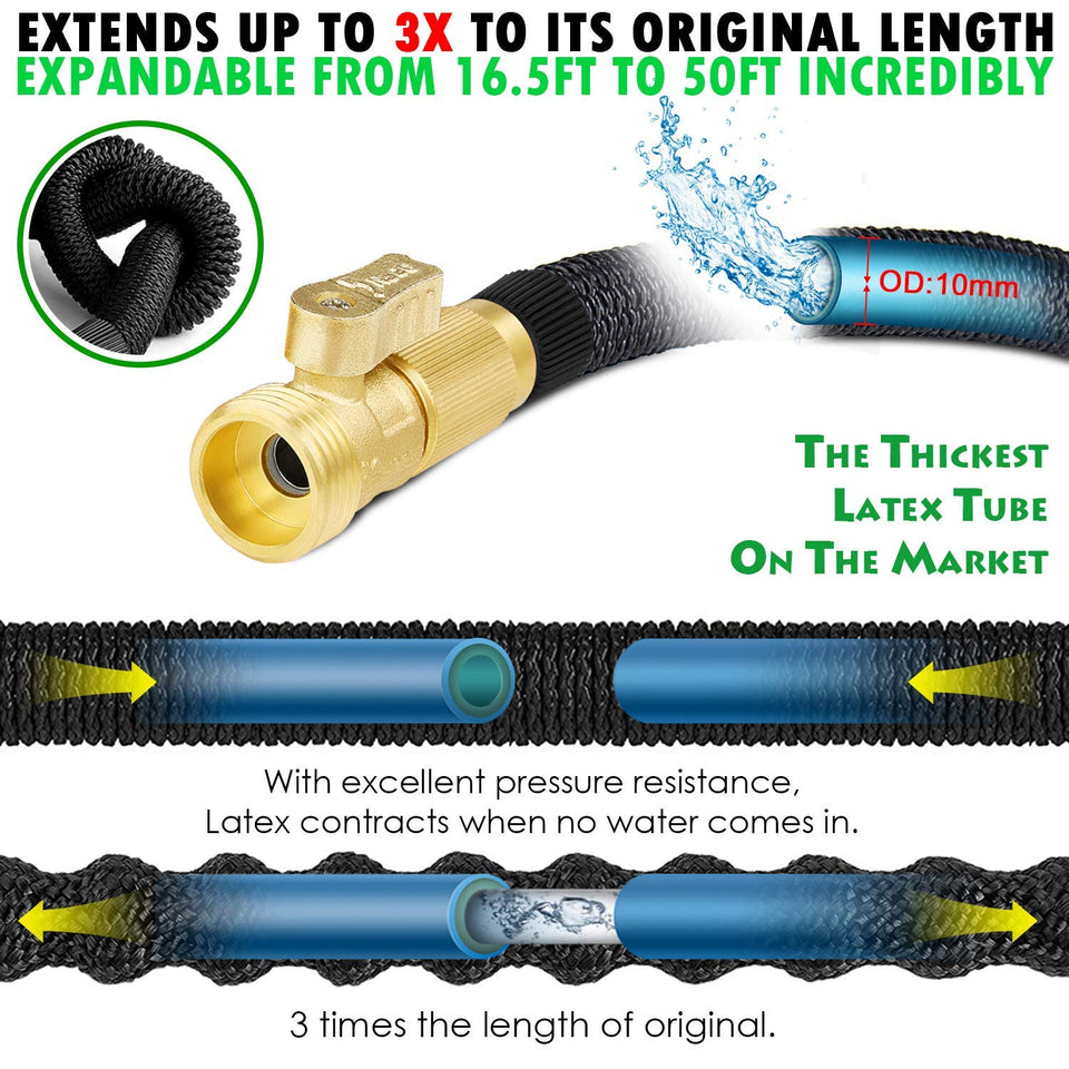 Manguera Expandible - Manguera de jardín retractil extensible de hasta 15 y 30 metros + Pistola para Agua 9 Patrones + Empaques - Conectores de metal de 3/4 ", estiramiento extra fuerte y material flexible - Manguera para agua